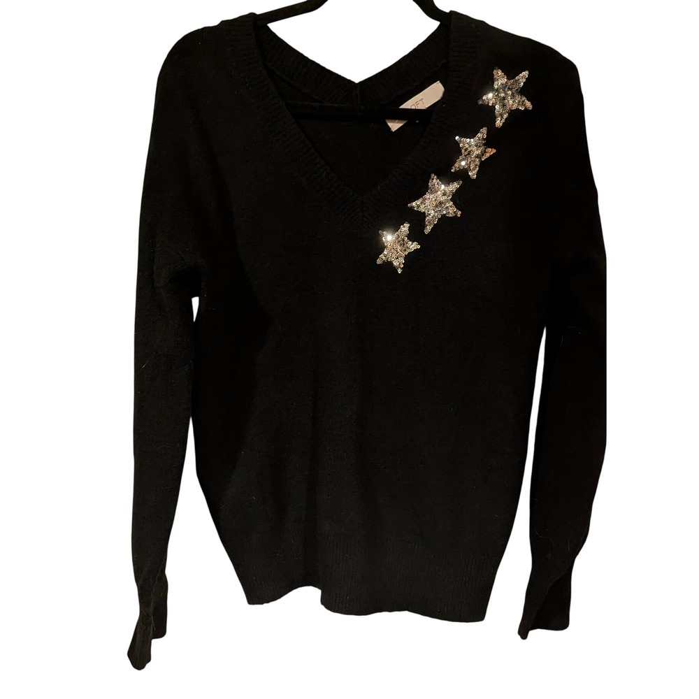 LOFT Sweater Small Black Sequin Star V-Neck Knit Pullover Celestial Sparkle